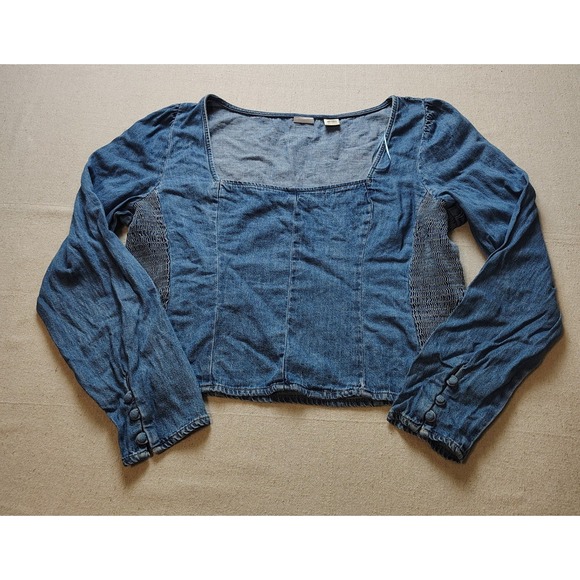 Levi's Tops - Levis Womens XXL Denim Square Neck Smocked Side Long Sleeve Blouse Blue Top XX